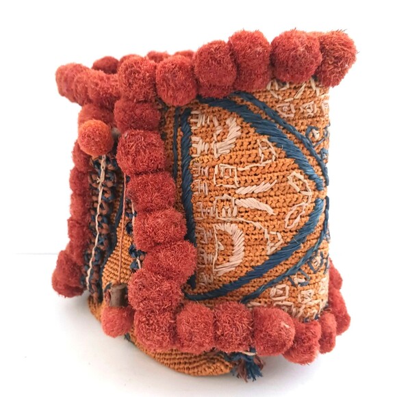 Bohemian Orange and Red Pom-Pom Shoulder Bag - Picture 7 of 16